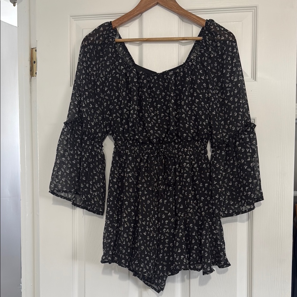 Black Floral Bell Sleeve Romper with open tie back